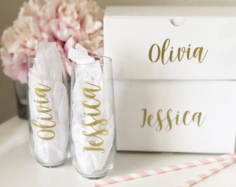 Bridesmaid proposal box- bridesmaid champagne flutes- bridesmaid proposal box set- will you be my bridemaid? - gold personalized champagne f