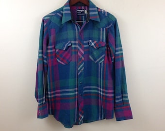 Vintage Wrangler Plaid Pearl Snap Wool Blend Cowboy Western Shirt - Size Large / XL - Made in USA