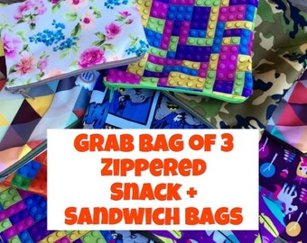 Snack Bags, Sandwich Bags, Zippered Reusable Snack Bags, Grab Bag of 3 - Water Resistant/Dryer Safe!