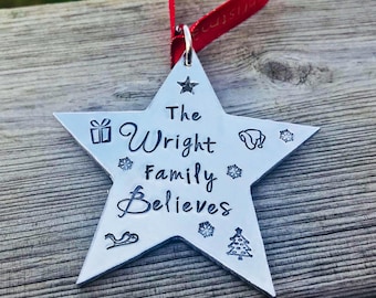 Hand stamped, personalised christmas decorations, tree decoration, family bauble, we believe decoration, christmas decor, star