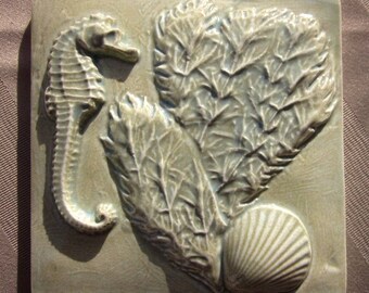 Seahorse and Seaweed Ceramic Tile -- 4x4 SeaShore Tile, MADE TO ORDER, seahorse, seashell, beach, sea shore, ocean, bathroom tile, kitchen