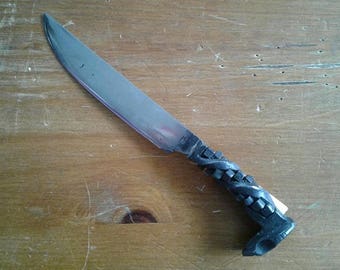 Railroad Spike Knife with skull pommel and rubics twist handle, camp knife style blade, hand forged, blacksmith made