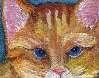 Kitty Cat mini canvas art, easel, miniature painting of orange cat, cat decor, cat artwork, small cat art acrylic painting