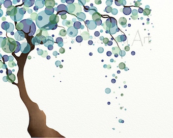 Watercolor Tree Wall Print 11 x 14 Nature Art, Blue Green Tree, Polka Dots, Willow Tree Art, Home Decor (7)