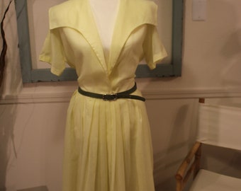 Vinatge, 1940s, sheer, lemon yellow, day dress, fit and flare, full skirt, dress