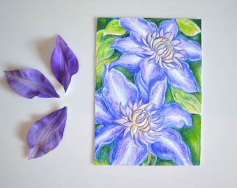 Purple Clematis Flower Original Color Pencil Drawing - 5x7" Flower Art - Wall Art - Small Gift - Hand Drawn Flowers