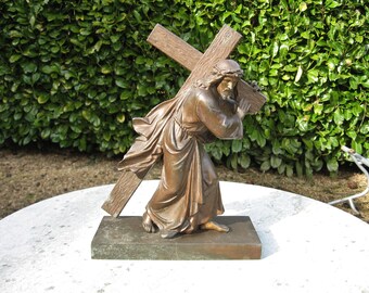A Vintage French Bronzed Cross Figure Of Christ Carrying The Cross