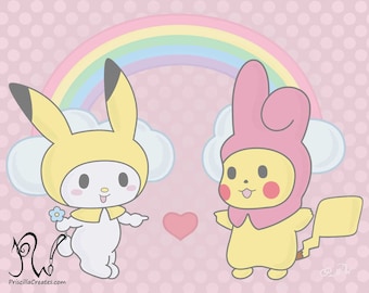 Pikachu and My Melody Dress Up Art Print