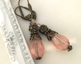 Pink teardrop earrings vintage style dangle earrings