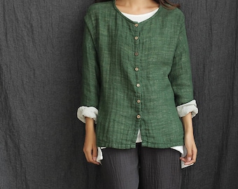 Women cotton and linen cardigan shirt – Loose Long-Sleeve Double-layer Linen and Cotton cardigan shirt