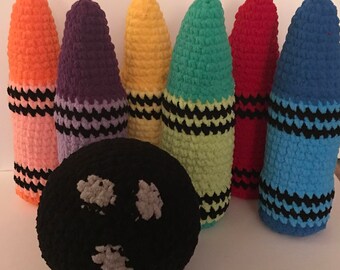 Crocheted Crayon Bowling Pins and Bowling Ball