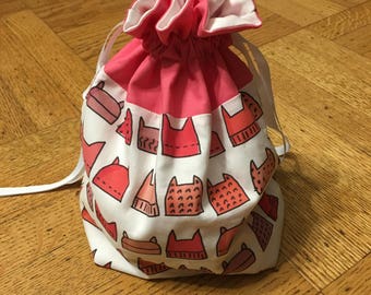Pussyhat bag -- medium fully-lined cotton drawstring knitting project bag -- RESIST!