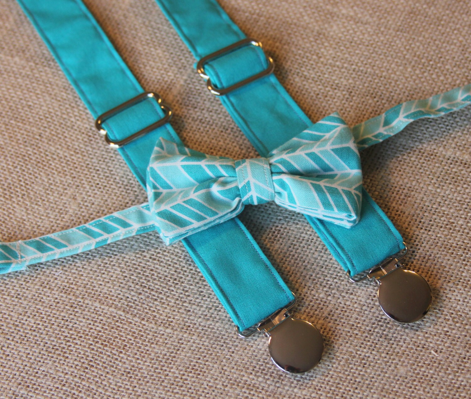 Teal / Turquoise Blue Herringbone Bow Tie and Teal Suspenders