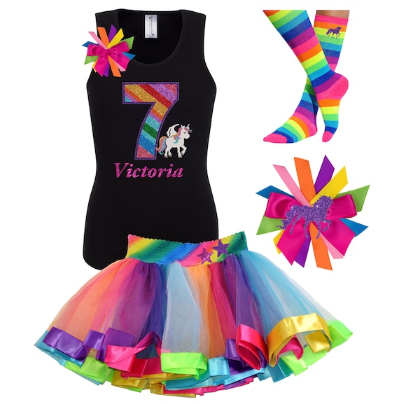 7th Birthday Rainbow Unicorn Tutu, T-shirt, socks and Hair Bow