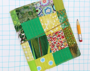 Quilted journal cover, fauxdori, green and gold thread quilt travel journal, fabric planner