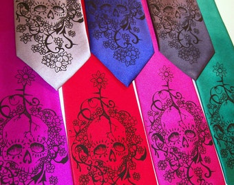 2 Mens necktie - Day of The Dead Print to order in colors of your choice RokGear Floral Skull Neckties