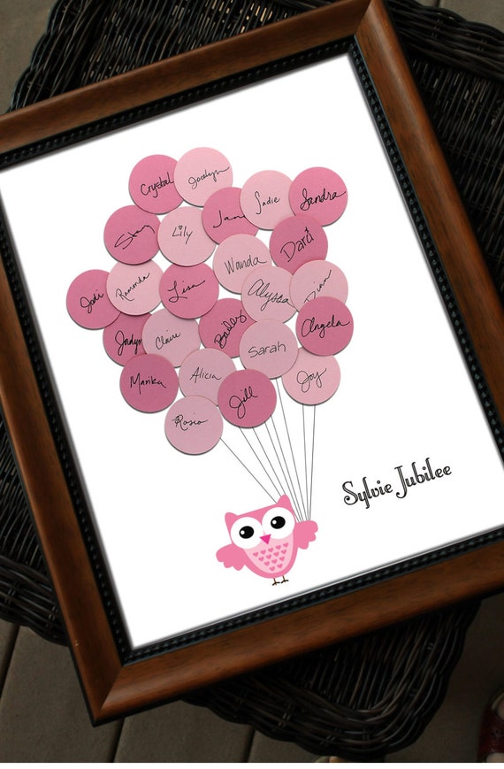 Unique Baby Shower Guest Book Print Owl with Balloons for