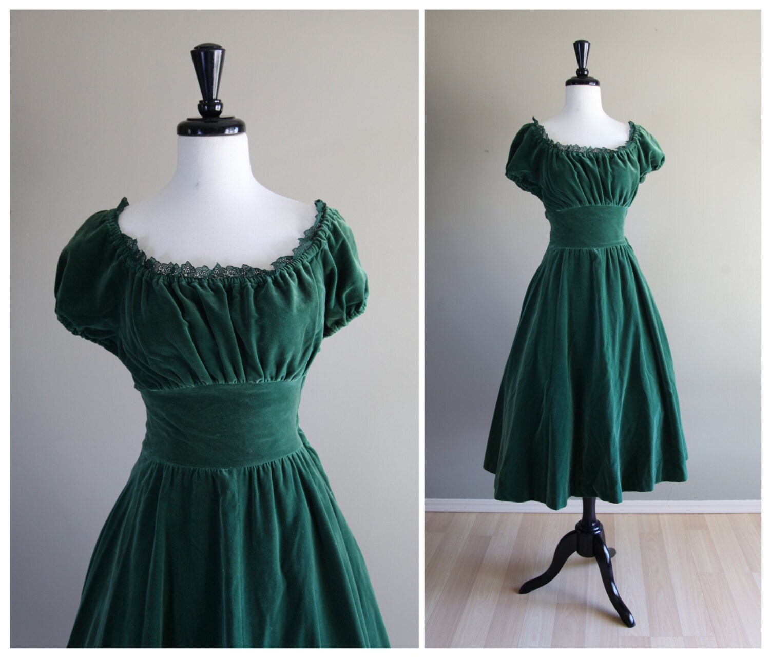 Gorgeous Green Velvet 1950s Vintage Peasant Dress with Full