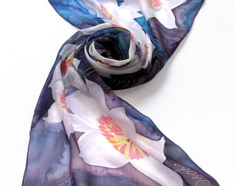 Blue Silk scarf Narcissus Hand painted silk scarf. Narcissus Floral silk neck scarves. Handpainted silk, Summer scarf