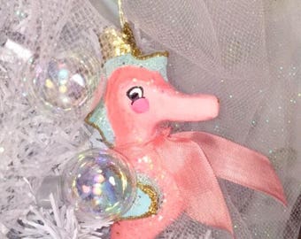 Seahorse ornament coral and sage green vintage retro inspired anthropomorphic coastal nautical beach theme party decor