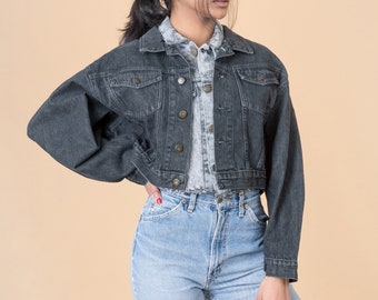 BLACK DENIM JACKET women 90S jean jacket cropped vintage coat grey / Medium