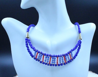 Red, Blue, and Gold Beaded Bib Necklace