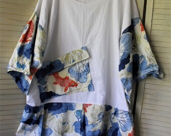 Dress-Tunic-Beachcover/ Restyled Cotton Dress/ Funky Fish Frock/ Plus Size Funwear/ Beach Chic/ Thrifted Funwear/ Sheerfab Handmade