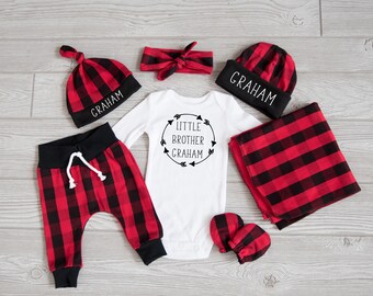 Baby Boy Coming Home Outfit, Christmas: CHOOSE COMBO Personalized Little Brother Bodysuit, Buffalo Plaid Pants, Hat, Swaddle, Mitts, Headba