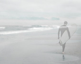 Surfer Photograph, Pale Gray Blue Print, Ghostly Ethereal Surfer Photograph, Misty Ocean Seashore Surfer 8x12