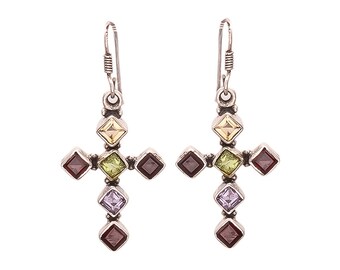 Emprell Faceted Multi semiprecious gemstones 925 Sterling Silver Cross Fishhook Earrings