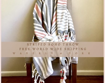 Striped Boho Bed Throw Blanket, boho throw, boho bedding, cotton throw, cotton blanket, Home Decor, house warming gift, boho blanket