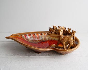 Vintage Ceramic Deer Ashtray - Mommy Deer with her fawns- Brown & Orange Drip Pottery - Mid Century Kitsch