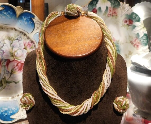 Glass Torsade Micro Bead Necklace Clip On Earrings Set