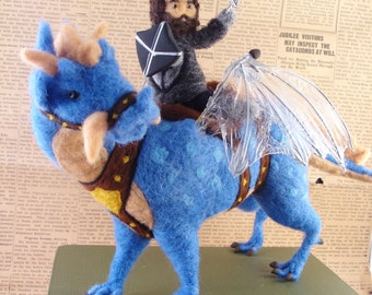 Needle Felted Blue Dragon and Knight- Needle Felted OOAK Soft Sculpture by Bella McBride