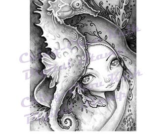 Seahorse Illusion -Grayscale Digital Stamp - PRINTABLE Instant Download / Fantasy Line Art by Ching-Chou Kuik