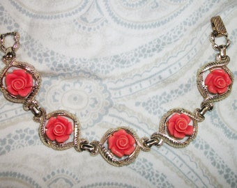 Vintage Sarah Coventry Coral Lucite Rose Flower Bracelet