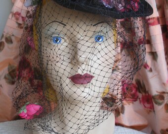 1930s -1940s tilt hat, fabric anemonies and veil, Swan & Edgar