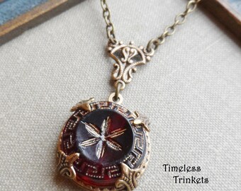 Antique Glass Button Necklace, Cranberry Glass, Red, Gold Highlights, Greek Key Design, Antique Brass Finish