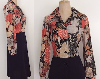 1970's Floral & Black Two Tone Dress Button Up Shirtwaist Dress Size Medium by Maeberry Vintage