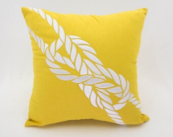 Rope Pillow Cover, Yellow Linen White Rope Embroidery, Nautical Throw Pillow Cover, Coastal Decor, Sailing Cushion, Cottage Pillow Case