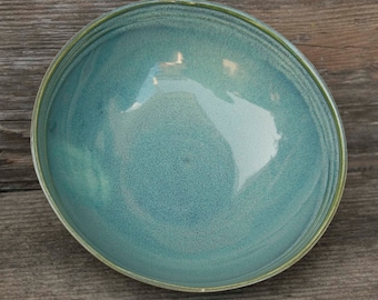 Pasta or Salad Bowl, 7 Inch, Ocean Green Drip, Natural Patina High Fire Stoneware, Hand Painted, Ready To Ship