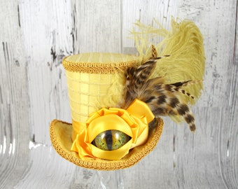Dragon Eye Gold on Gold Large Mini Top Hat Fascinator, Alice in Wonderland, Mad Hatter Tea Party, Derby Hat, Dinosaur Hat, Eye Hat