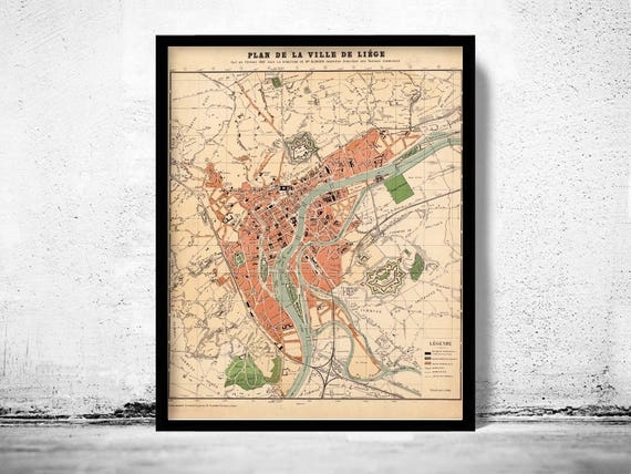 old map of lige belgium 1880 vintage map