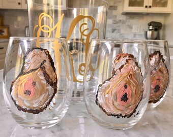 Painted Stemless Wine Glasses (glass) - Impressionistic Golden Oysters