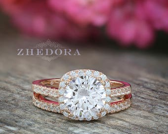 Square Halo Engagement Ring Round Cut Wedding Ring Rose Gold Plated Silver Bridal Set Round Cut Ring Matching Band Square halo Wedding Set
