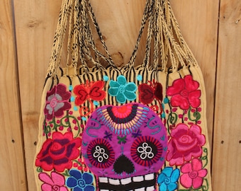 Sugar Skull Handwoven Tote Handbag-Day of the dead-Floral-Mothers day Gift-Telar-Cotton-Boho-Folk Art-Telar de Cintura-Woven by Hand- Ethnic