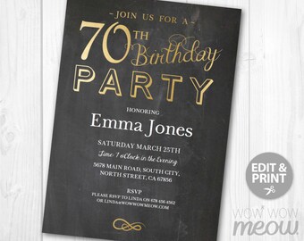 70th Birthday Invitations Elegant Gold Party Invite 70 Chalk SEVENTY Mens Womens INSTANT DOWNLOAD Editable Digital pdf Printable Personalize