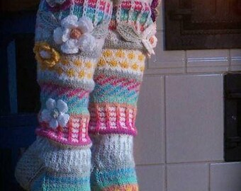 Over the knee socks.Thigh High socks.Hand knit knee socks.Flower knee socks.Flower socks.Rainbow socks.Woman leg warmes.Hand knit socks