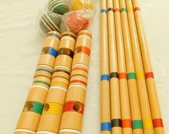 Vintage Croquet 6 Player Set, Mint Condition, Vintage, Wooden Balls, Mallets, End Posts, Painted Wood Stand, 9 Wickets, Sportcraft Toy, Old