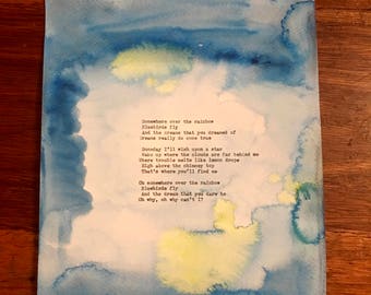 Somewhere Over the Rainbow typewriter lyrics on watercolour painting